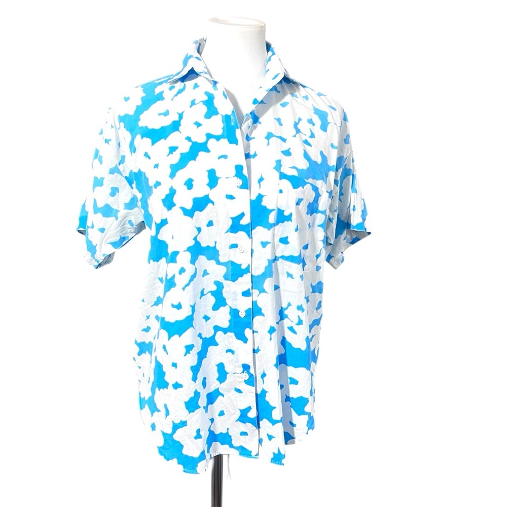 Diane Von Furstenberg DVF Vintage Blue White Floral Button Down Shirt Petite 6P